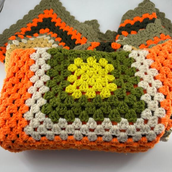 Handmade Retro Granny Square Crochet Blanket 80x70 – Orange Olive Tan - Picture 9 of 13